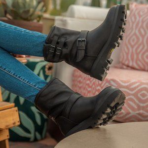 Ross & Snow Lucky Boots Leather Shearling Buckle Moto Booties Black Size 10 NEW